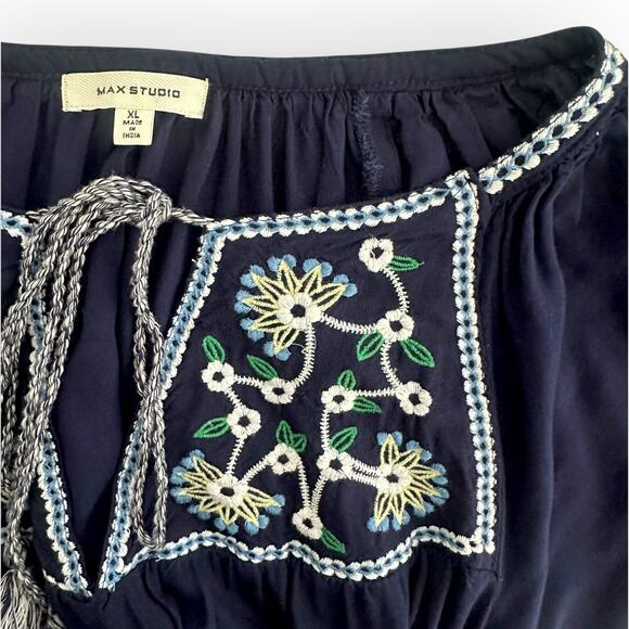 Max Studio Embroidered Peasant Dress Size XL Navy Blue Boho Oversized Tassel - Picture 8 of 11